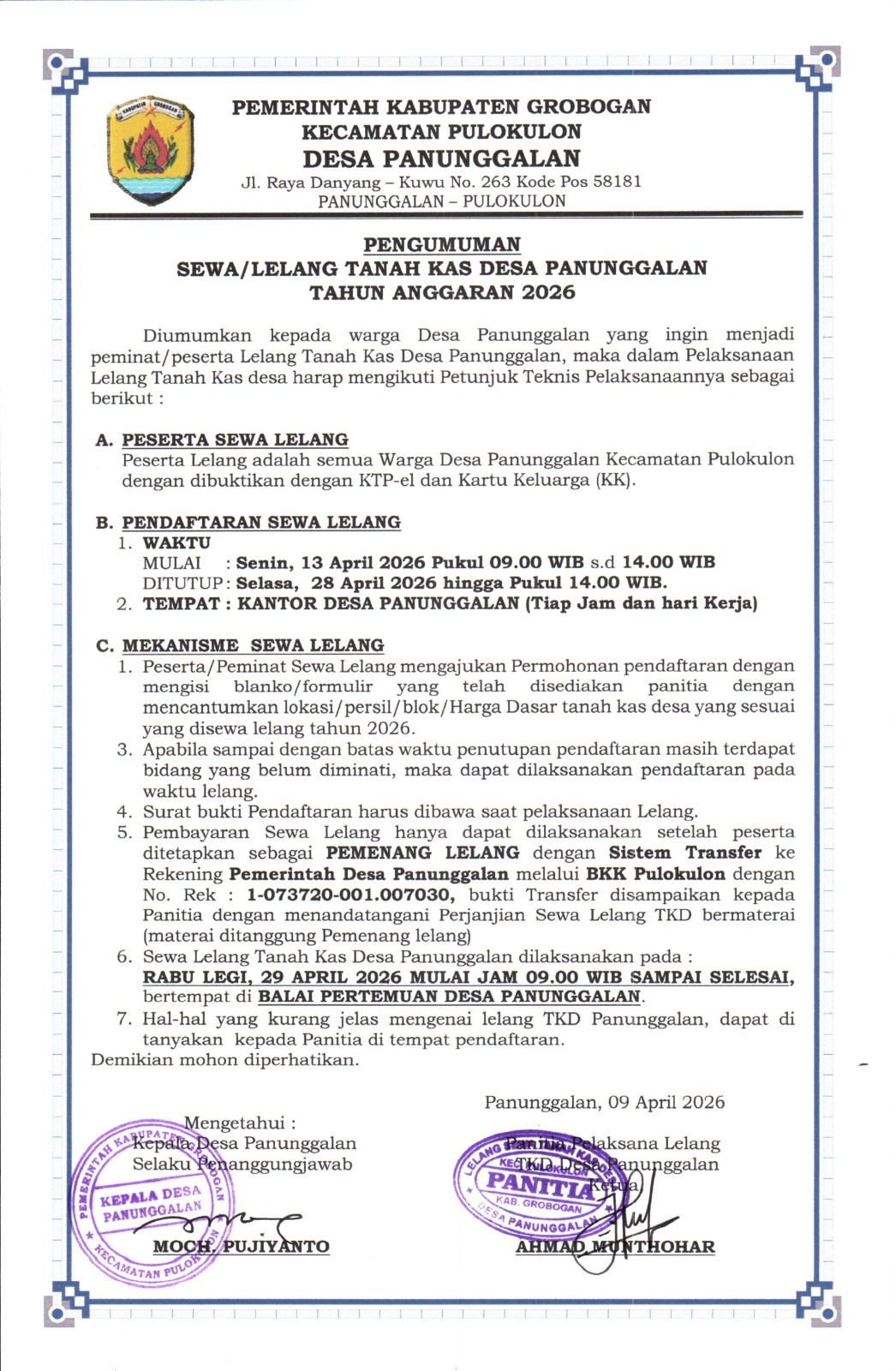 Pemerintah Desa Panunggalan Buka Lelang Tanah Kas Desa Tahun 2026